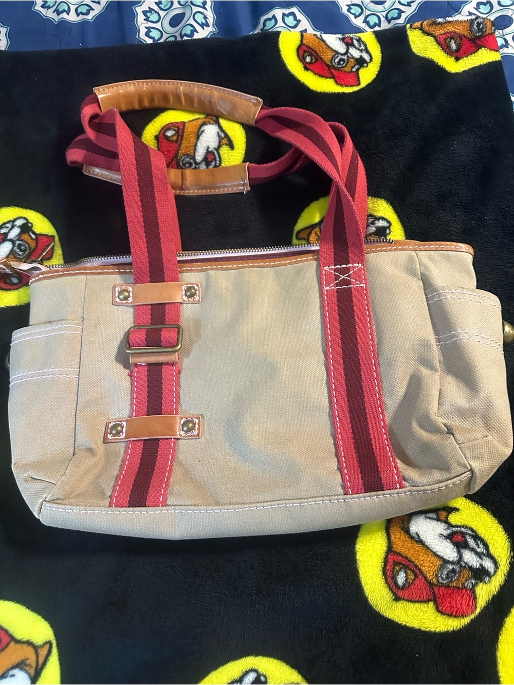 Beige Canvas GapTote with Burgundy Stripe Handles -